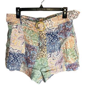 Rachel Zoe 100% Linen Colorful Patchwork Paisley Boho Hippie Shorts M #758